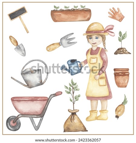Watercolor gardener clipart, hand drawn illustration. Gardener working, kids school card clip art, educational, cute children graphics with professions.