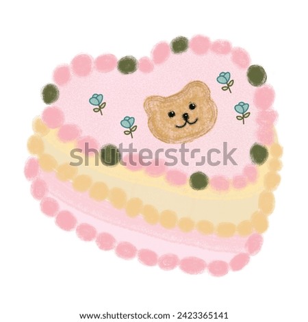 Heart Cake with Bear Topping Cream Illustration, Valentines Day Stickers, Cute Food Clip Art, Pastel Pink Icon