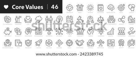 Core values line icons set. Basic values of a person and society outline 46 icons collection. Success, family, mission, knowledge, passion, innovation, reliability, goal - stock vector. Royalty-Free Stock Photo #2423389745