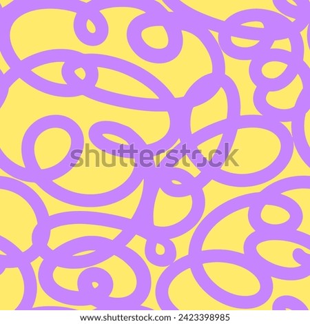 Bold Curly Lines pattern in Lilac and Yellow colors. Abstract Squiggle Wavy print. Naive playful background. Childish, Doodle drawing. Vector illustration..