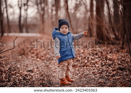 A little boy in a vest pauses on a forest trail, a moment of discovery and wonder