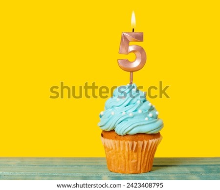 Birthday Cake With Candle Number 5 - On Yellow Background.