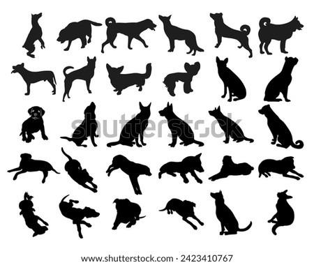 Image of a black dog silhouette in a pose, outline of pet, isolated vector
