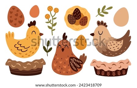 Boho Easter chicken clipart. Easter chick and easter eggs clipart in cartoon flat style. Hand drawn vector illustration