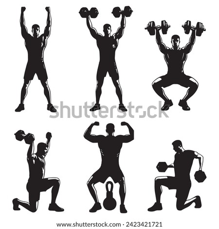 Workout and fitness men with dumbbells - thematic set in monochrome clip-art style.