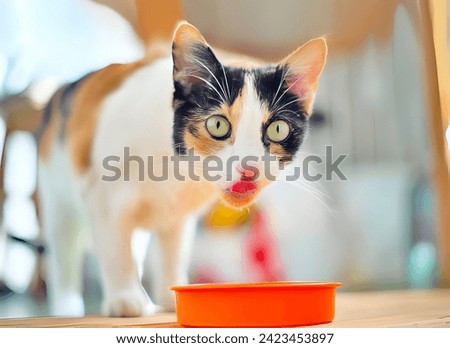 The cat eats the food and licks a big language. Lens blur with wide aperture in the kitchen of the house on a summer morning.