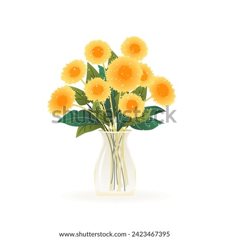 Bouquet of dandelions. Flowers in vase. isolated vector illustration on white background. Modern art for poster, postcard, banner, card and etc. Vector clip art. Women's Day, Mother's Day.