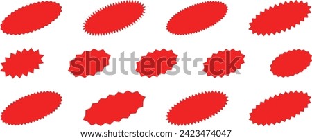 Starburst red sticker set - collection of special offer sale oval and round shaped sunburst labels and badges. Red starburst, sunburst, stamp, seal, label or burst, badge, sticker. Vector.
