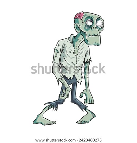 Cartoon zombie with brains exposed isolated on white