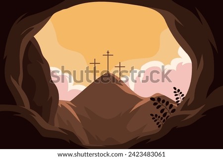 Tomb of Jesus. Crucifix Three crosses. He is Risen