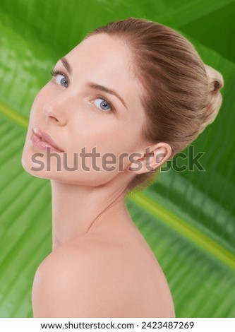 Woman, beauty and portrait with leaves, palm tree and sustainability for organic cosmetics. Girl, person or model with plants for wellness, transformation or glow with dermatology for facial skincare