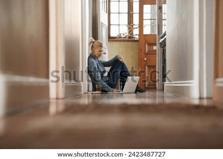 Woman, freelancer or laptop on floor for remote work and internet connection for information. Female person, relax or editor on website for research or online news or typing an article on technology