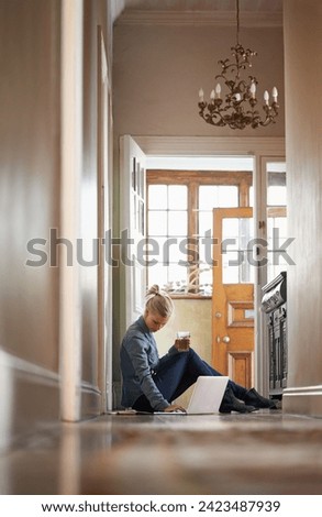 Woman, drink or laptop on floor for remote work and internet connection for information. Freelancer, relax or female editor on website for research or online news or typing an article on technology