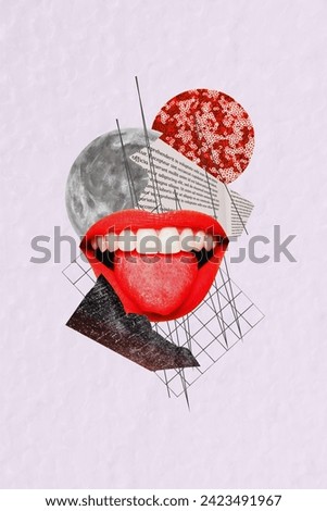 Collage image of female mouth with red lipstick healthy white teeth isolated on creative drawing text background