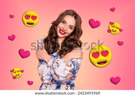 Creative poster collage of pretty charming girl dating girlfriend hearts eyes emoji emoticon weird freak bizarre unusual fantasy billboard Royalty-Free Stock Photo #2423491969