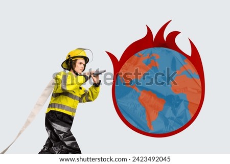 Collage picture illustration firefighter serious angry young woman extinguish fire global warming sos problem sketch draw template