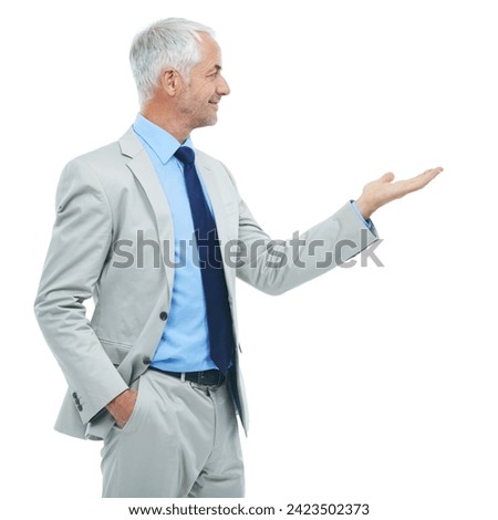 Hand, mockup and senior businessman in studio for marketing, promotion or advertising. Career, space and professional mature male lawyer with open palm for presentation gesture by white background.