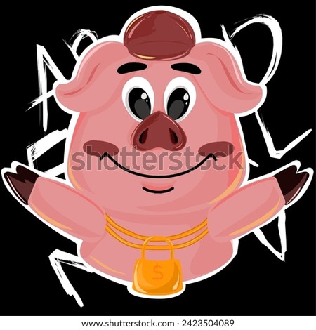 Vector design with an illustration of a money-crazy pig, with a gold necklace and red hat, a cheerful face and red cheeks.