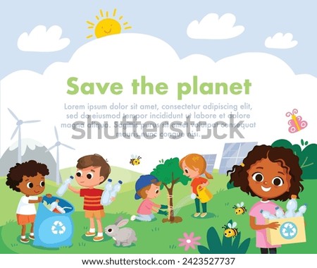 Eco friendly habits. Children, kids pick up, collect garbage, litter in country side, rural areas, and plant trees, plants. Environmental protection.