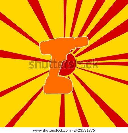 Electric screwdriver symbol on a background of red flash explosion radial lines. A large orange symbol is located in the center of the sunrise. Vector illustration on yellow background