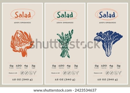 Vector hand drawn salad packaging label design template set for cafe or restaurant
