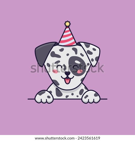 Happy dalmatian dog is wearing party hat. Vector flat illustration in cartoon style at birthday or other celebrations