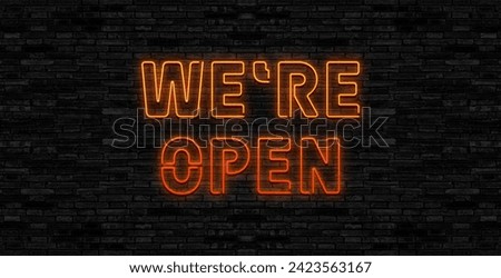 Come in we're open neon hanging sign. Sign for door. Neon icon. Vector illustration.