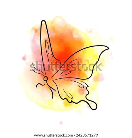 Beautiful calligraphic butterfly drawn with ink, with orange, yellow, pink watercolor splashes