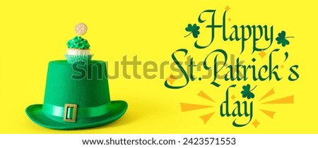 Festive banner for Happy St. Patrick's Day with leprechaun's hat and cupcake