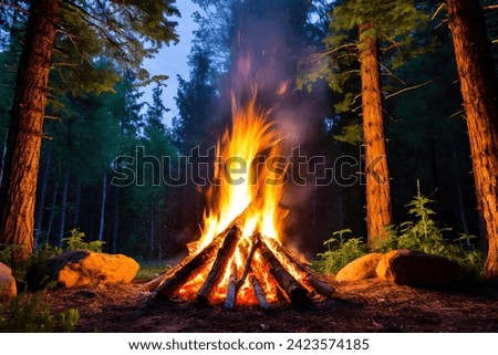 Burning campfire on a dark night in a forest. The bonfire burns in the forest. camp fire in the autumn during vacation in the mountains. Beautiful landscape of nature and trees. Sparks and flames.
 Royalty-Free Stock Photo #2423574185