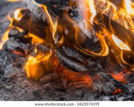 A close up of the a flame wood in bonfire. camp barbecue wood charcoal. wood that burns in the grill. blaze fire flame texture background. Tongues of flame. burning wooden logs and large orange flame
 Royalty-Free Stock Photo #2423574199