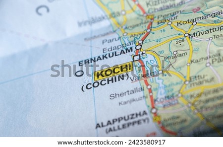 Map of India, in focus Kochi city with roads and surroundings macro shot, from above. Royalty-Free Stock Photo #2423580917