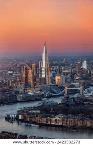 Elevated view of the urban London skyline during dawn just before sunrise, England