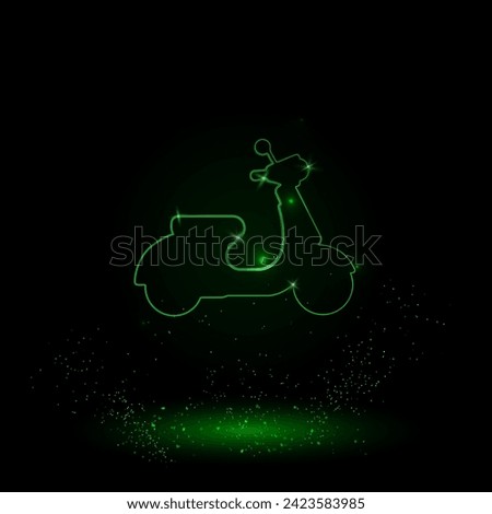 A large green outline scooter symbol on the center. Green Neon style. Neon color with shiny stars. Vector illustration on black background