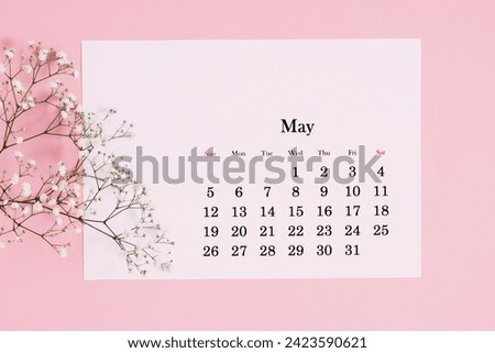 Desk calendar for May 2024 and flowers, gypsophila branch on a pink table. Flat lay, top view Royalty-Free Stock Photo #2423590621