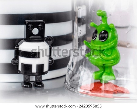 Robot and alien plastic toy landscape fantasy