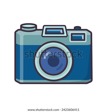 Cartoon blue camera. Tourist accessories. Vector illustration in flat style.