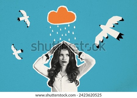 Creative collage picture young pretty girl hiding rain shower flying birds forecast cloud weather unprotected wet blue sky background