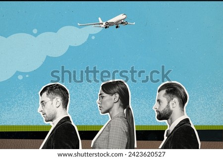 Collage image picture of successful people professional employees leaving country business trip abroad isolated on painted background Royalty-Free Stock Photo #2423620527