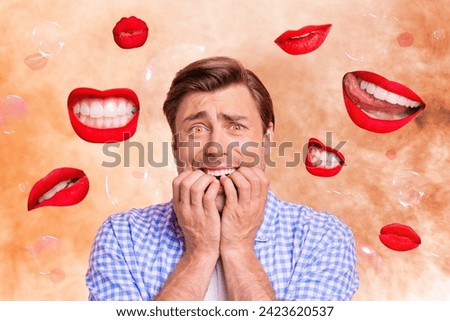 Collage artwork graphics picture of scared guy afraid red pomade lips mouth biting him isolated painting background