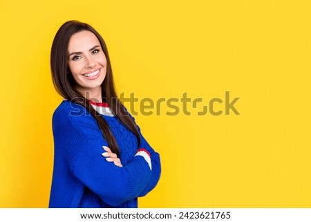 Photo of brunette hair hispanic lady in blue knitwear senior level python developer promote it courses isolated on yellow color background