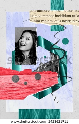 Vertical collage image of cheerful black white effect girl photography pieces city buildings water book page text isolated n creative background