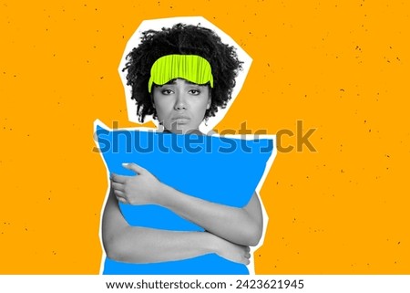 Collage of funny upset girl in nightwear hugging blue pillow dont like to wake up every morning the same isolated on orange background
