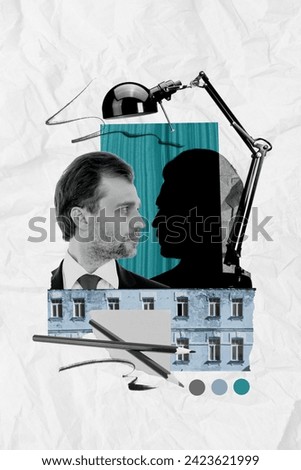 Creative portrait collage of confident adult man wear formal jacket looking his shadow under the lamp isolated on old buildings background