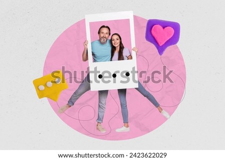 Photo image two standing partners lovers couple spouse family social network post receive like feedback comment notification reaction