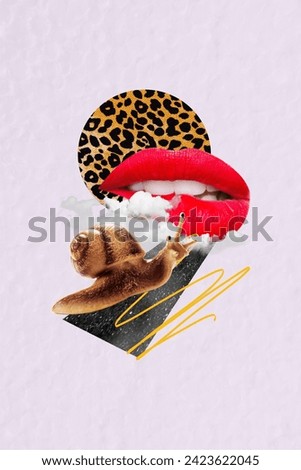 Collage image picture of tempting alluring red lips crawling snail isolated on creative leopard print background
