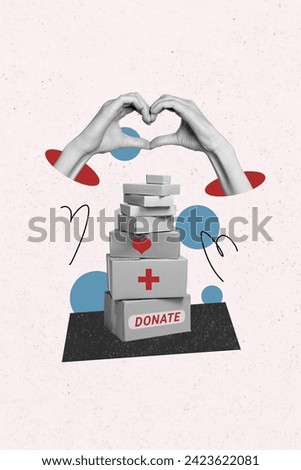 Creative drawing collage picture of hands heart gesture boxes pile donation medicament weird freak bizarre unusual fantasy billboard