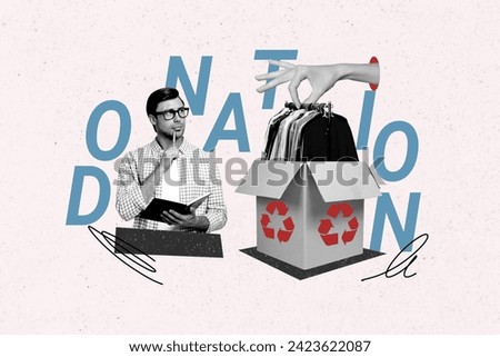 Collage photo of young guy count his used shirts in wardrobe put them inside box recycle textile isolated on white color background