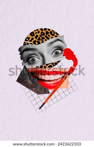 Collage picture of adorable stunning woman face with red lips professional makeup visage isolated on creative leopard print background