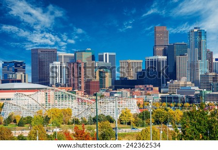 Sunny Day in Denver Colorado, United States. Downtown Denver City Skyline and the Blue Sky.
